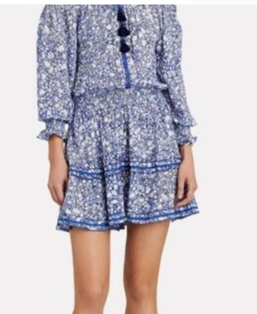 Poupette St Barth Blue Floral Fray Collar Smock Waist Mini Dress Small Coquette